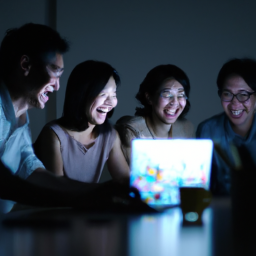 generate an image of smiling people looking at a computer screen