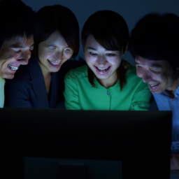 generate an image of smiling people looking at a computer screen