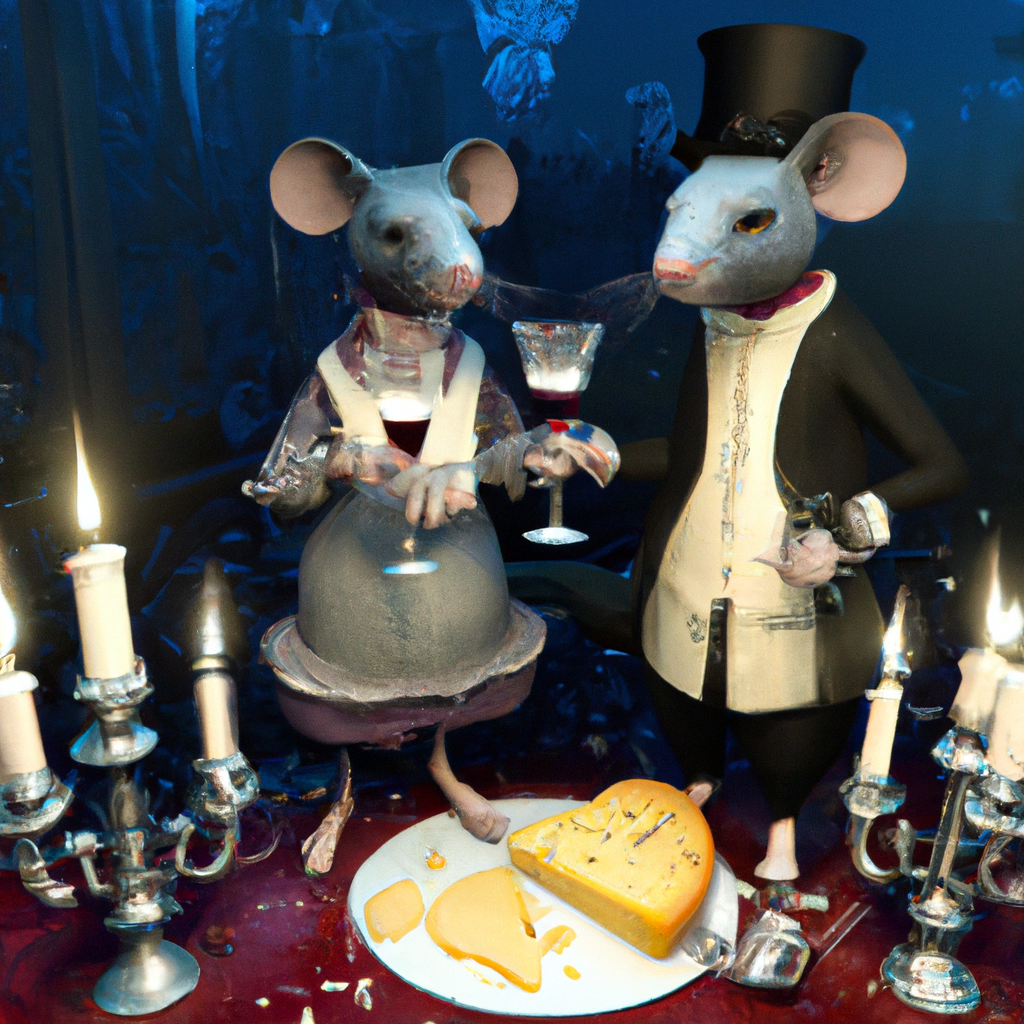 2mice, dressed in aristocratic clothing, having a candlelight dinner, of cheese, with a bottle of wine, fantasy, mist, 3D, detailed, realistic, sharp focus,
