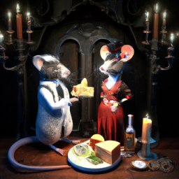 2mice, dressed in aristocratic clothing, having a candlelight dinner, of cheese, with a bottle of wine, fantasy, mist, 3D, detailed, realistic, sharp focus,