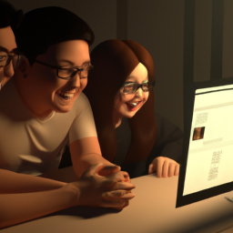 generate an image of smiling people watching a computer screen